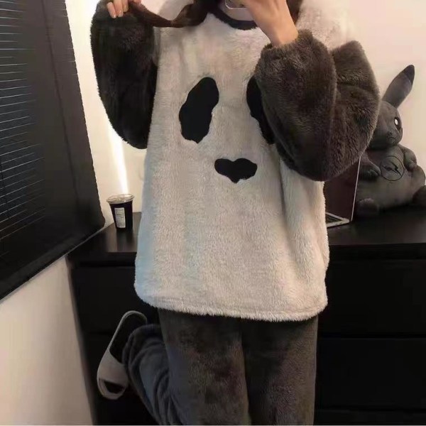 Flanellin paksu pitkähihainen pyjamat naisten talvisuloinen karhu korallifleece lämmin puku white+black XL [120-135 kg]