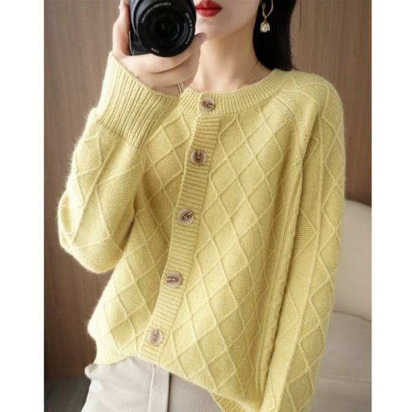 Kvinnor Stickat Höst Vinter Tröja Rundhalsad Rhombus Cardigan Lös Tröja Coat Yellow M