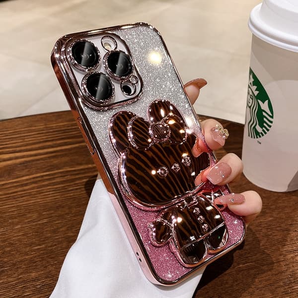Deksel til iPhone 17 Glitter Elektroplettering + Kaninspeil Gradient Rosa