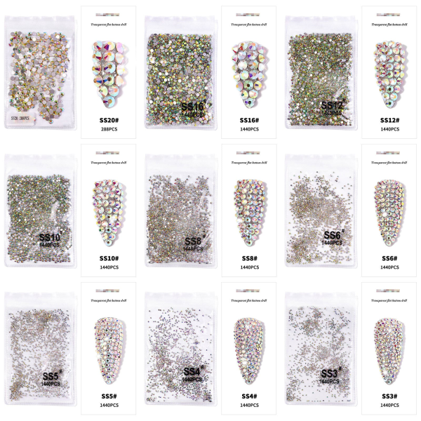 Negledekorationer til Nail Art Taske Rhinestone Sølv Farverig Transparent Flat AB Diamond 1440 PC'er SS12AB（3mm）1440