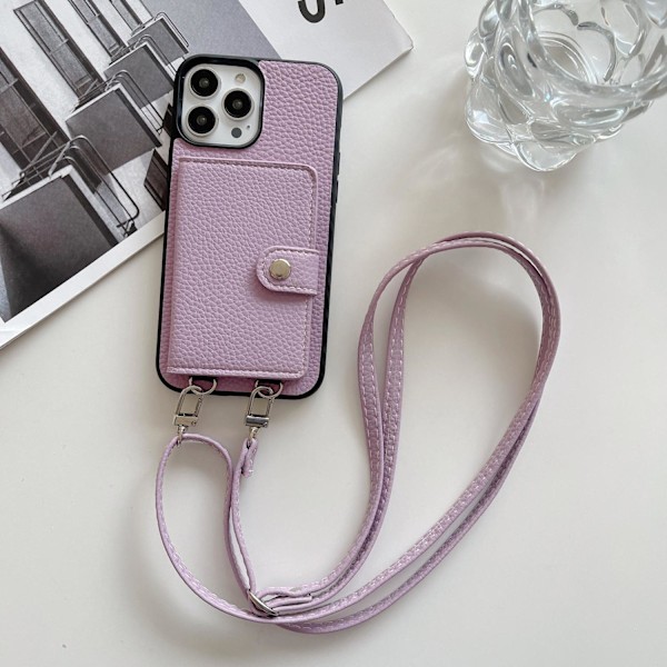 Fodral för iPhone 14pro lila snodd crossbody solid korthållare vikbart japanskt läder