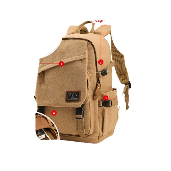 Backpack Men's Canvas with Lid Travel Backpack Female Lightweight Schoolbag Middle School Students Khaki large