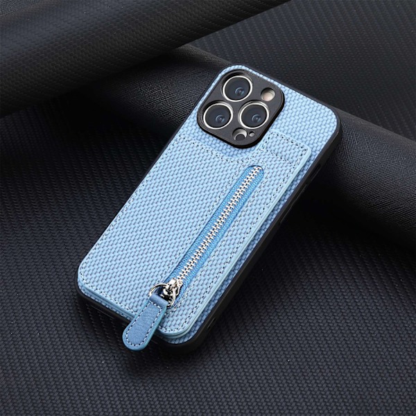 Etui til iPhone 14 Plus, blå, med øvre og nedre åpning, kortholder, lommebokstil, stativ, glidelåsposeinnsats