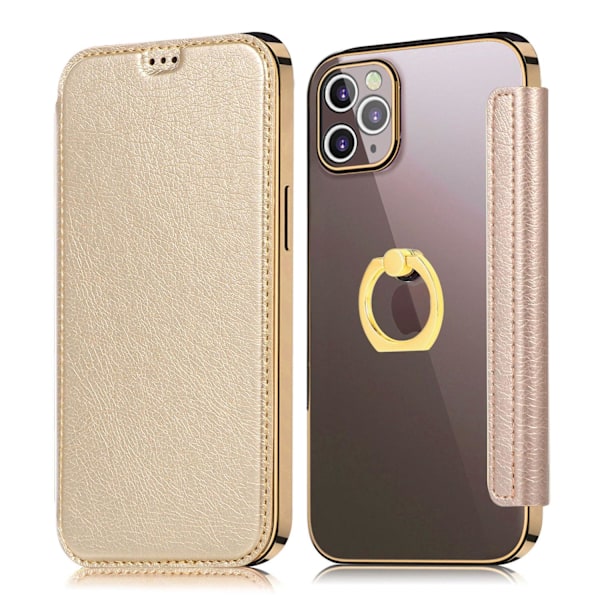 Etui til iPhone 13 Pro Max guldring elektroplettering transparent PU-kortindsats læder