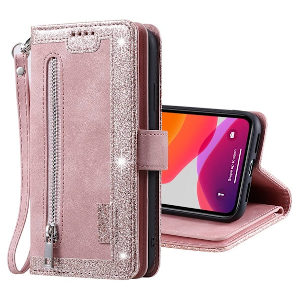 Kotelo iPhone 13PRO:lle ruusukullanvärinen retro vetoketjullinen yhdeksän kortin suojalompakko magneettinen nahka