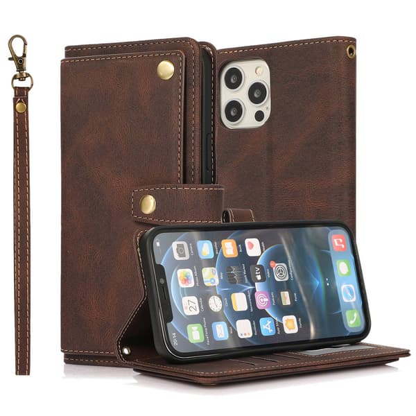 Fodral för iPhone 13PRO MAX kaffe drömsk multi cap läder crossbody anti fall plånbok