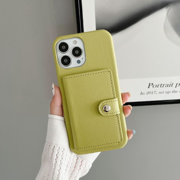 Etui til iPhone 16 Pro Max, venstre og højre åbning, kortholder, lille lychee-mønster, gul grøn multi