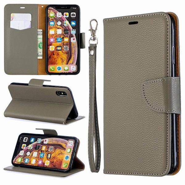 Etui til iPhone 13 Mini grå lychee tekstur solid lær kortspor flip