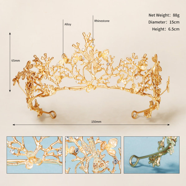 Enkelt legeret rhinstens brudehovedbeklædning Golden Crown Gold