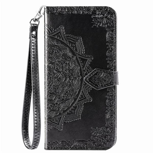 Etui til iPhone 14 svart mandala-lær samme stil kort håndstropp preget