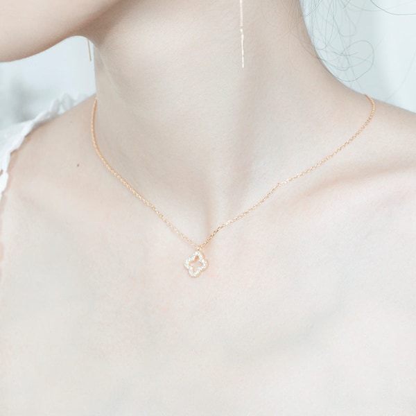 Kvinder Halskæde Kæde Choker Vedhæng Smykker Piger Gave Diamant Firkløver S925 Sterling Sølv Rose Gold 925 silver