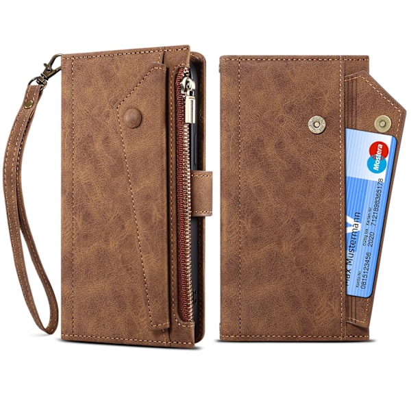 Fodral för iPhone 13 mörkbrunt läder snodd crossbody dragkedja myntväska