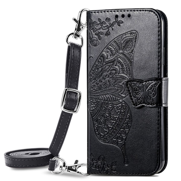 Etui til iPhone 14 Plus, sort læder, crossbody, talje, skulder, lang snor, pung