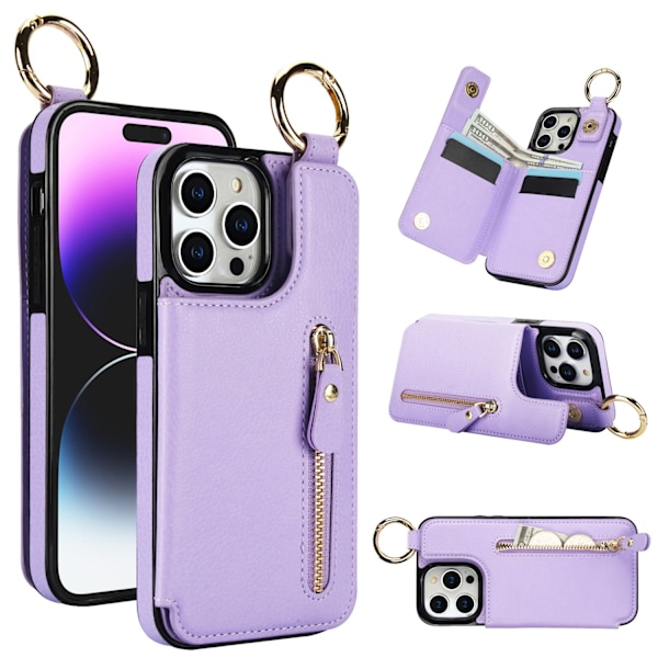 Etui til iPhone 13 Pro Max 6.7 lilla læder multifunktionel pung