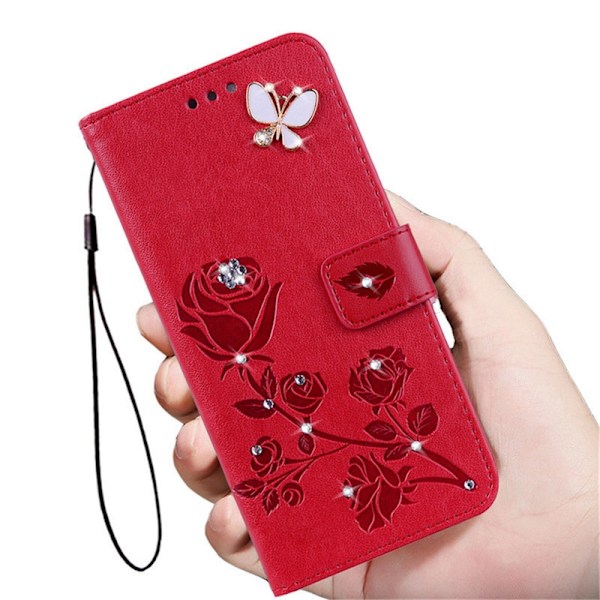 Fodral för iPhone16e/SE4 röd präglad fjäril diamant kortplats ros läder prick