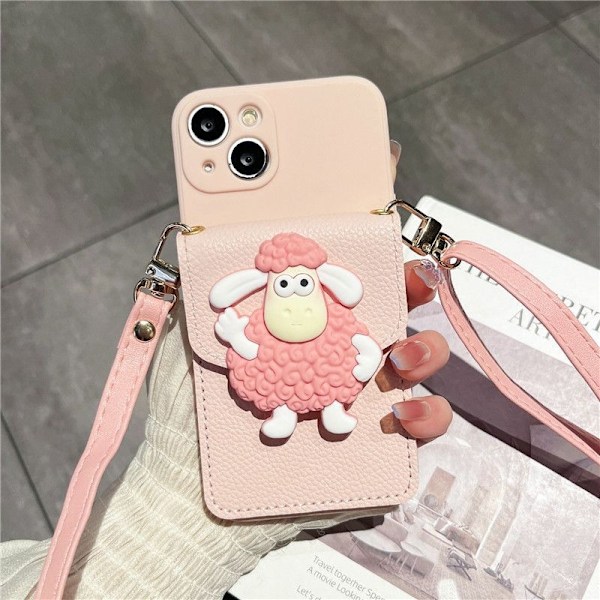 Fodral för iPhone 13 Pro Max rosa lamm myntväska crossbody rep