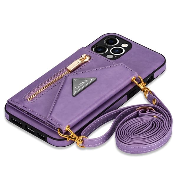 Etui til iPhone 15 Pro Max sidekortholder reb lilla ve læder solid skulder