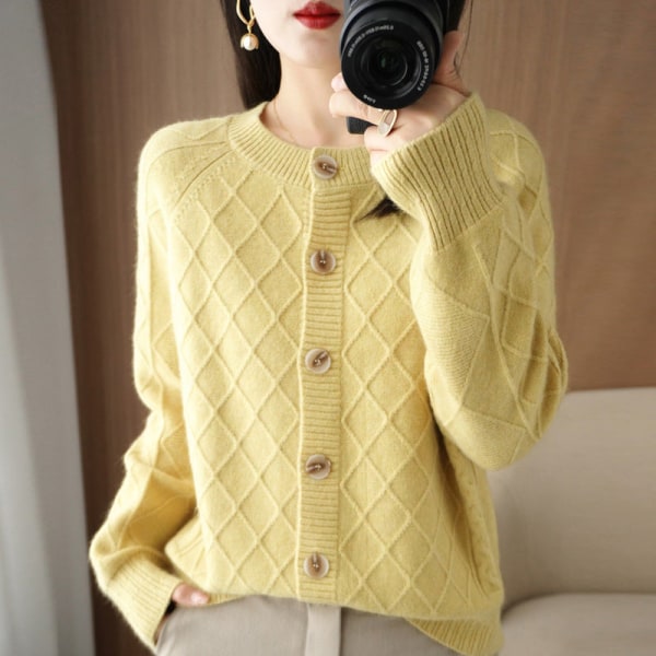 Kvinnor Stickat Höst Vinter Tröja Rundhalsad Rhombus Cardigan Lös Tröja Coat Light camel M