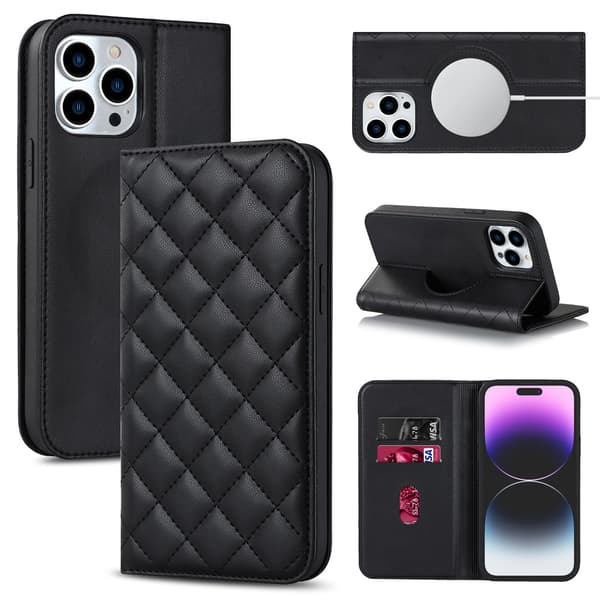 Fodral för iPhone 13 mini5.4 stöder trådlös laddning svart läder laddnings ins magnetiskt flipskydd