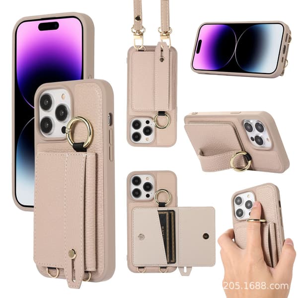 Fodral för iPhone 13 Pro Max aprikos korthållare plats handledsrem läder