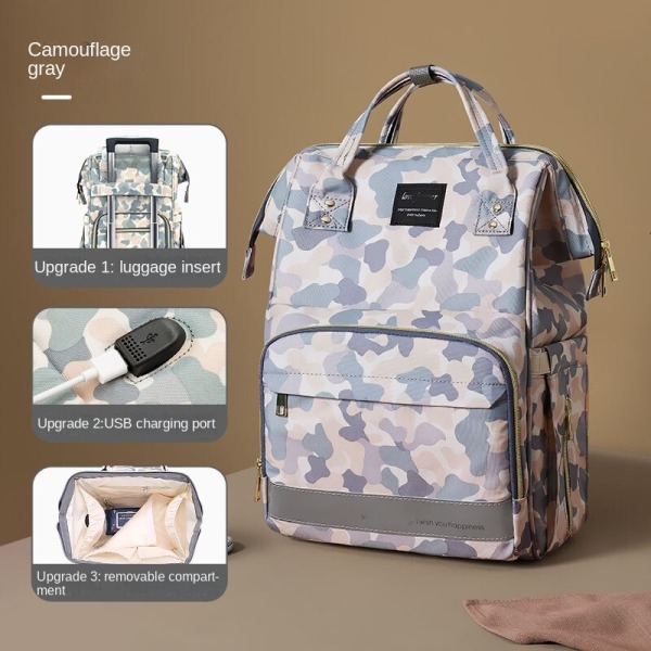 Mommy Bag -reppu, suuri kapasiteetti äitien ja vauvojen laukku vedenpitävä vaippalaukku camouflage gray