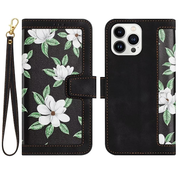 Etui til iPhone 14 Plus sort kort lanyard trykt læder flip kort slot crossbody blomsterbeskyttelse