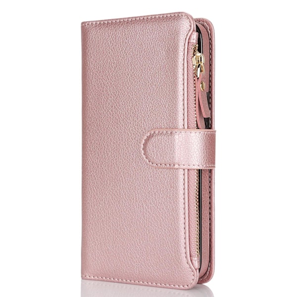 Fodral för iPhone 16 Plus roséguld multifunktionell solid dragkedja handledsväska multi cap leath