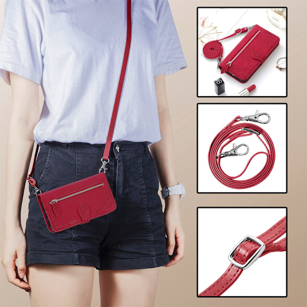 Fodral för iPhone 13 Pro Max rött läder extra lång crossbody-rem dragkedjeväska