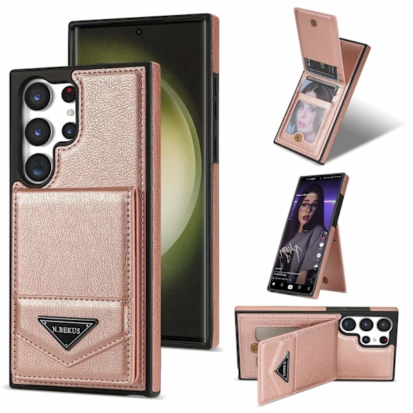 Fodral för iPhone15 plus 6.7 stort hål rosa korthållare stativ affärsplats fullt paket anti fall s