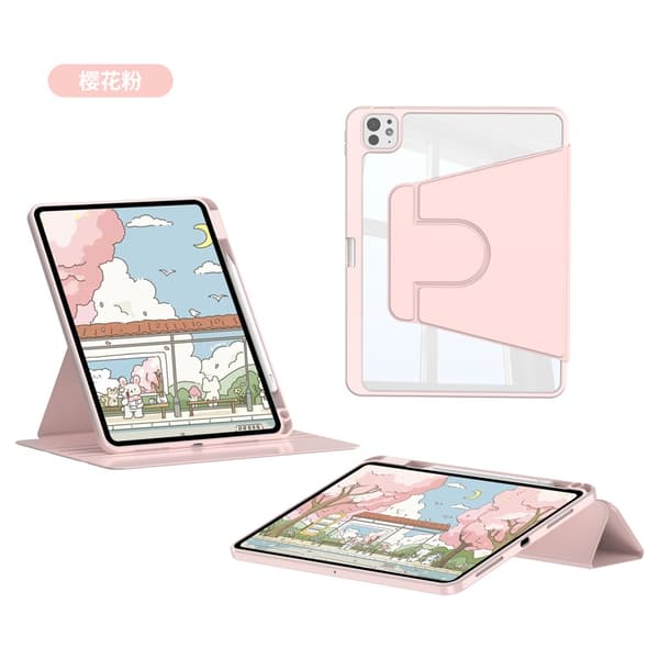 Etui for iPad 7/8/9 10,2\" roterende tri fold sakura rosa stropp