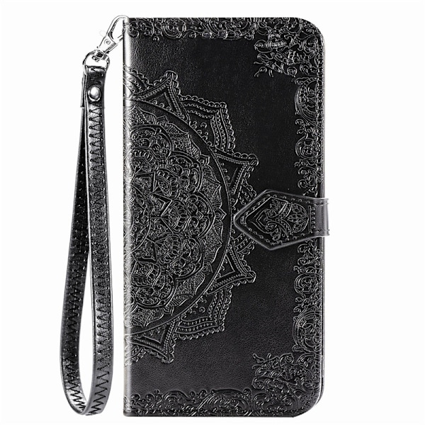 Fodral för iPhone 14 Plus svart mandala läder samma stil kort handrem präglad