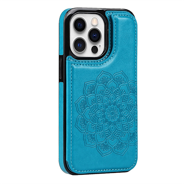 Fodral för iPhone 13 Pro blått dubbelspänne präglat mandala läder dubbelt stativ korthållare