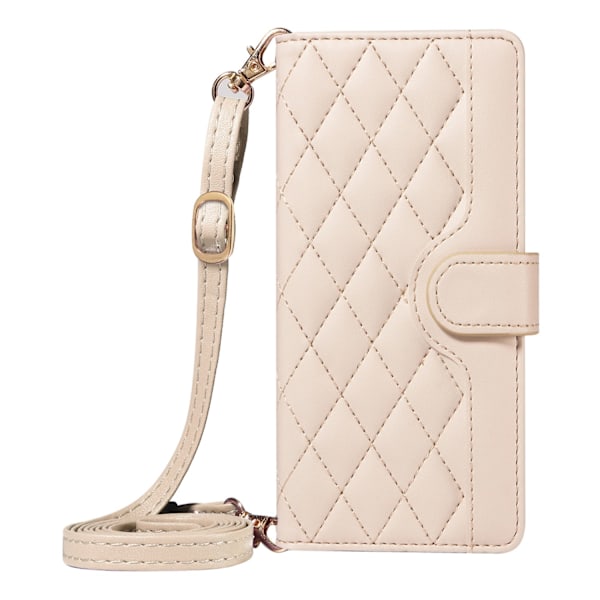 Etui til iPhone 14 Plus/15 Plus, beige, langt snor, crossbody kortholder, solid diamant