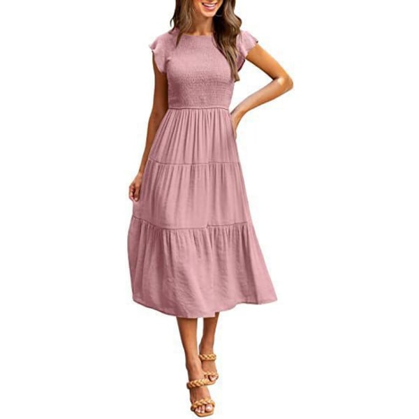 Flying Sleeves Pleating Layered Short Sleeve Large Swing Dress for Women Pink L