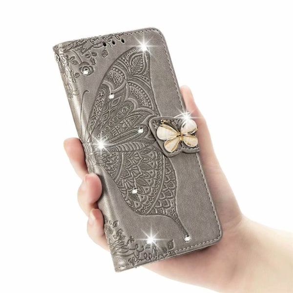 Etui til iPhone 14 Pro grå boret tredimensionel blomst sommerfugl læder diamantpræget disk