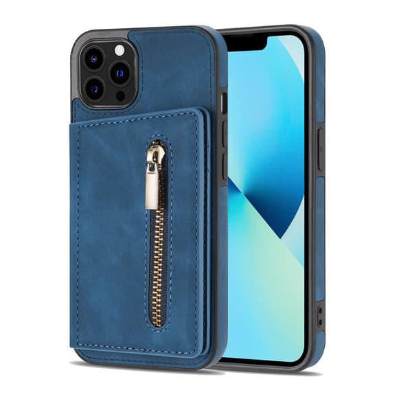 Etui til iPhone 15 6.1 blå glidelås kortholder full anti-fall mote