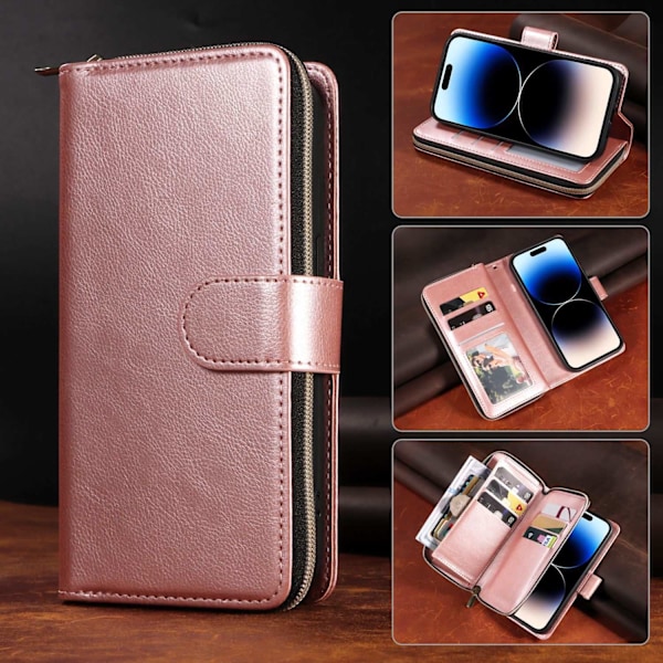 Etui til iPhone 13 mini pink lynlås multi cap læderpung