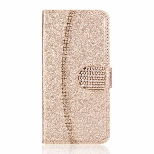 Fodral för iPhone 13 Pro Max guldglitter kortplats läderkedja diamantplånbok