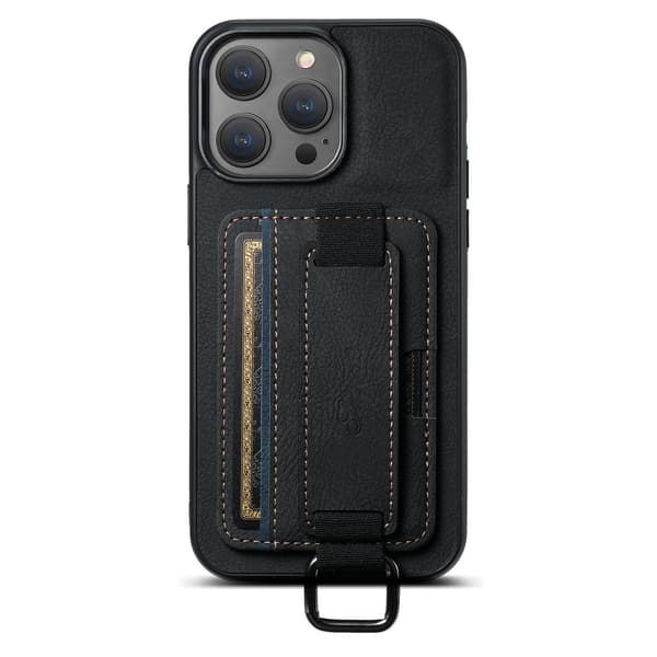 Etui til iPhone 14Pro H13 Lychee Sort Kort Indsæt Håndledsrem Stativ Læder
