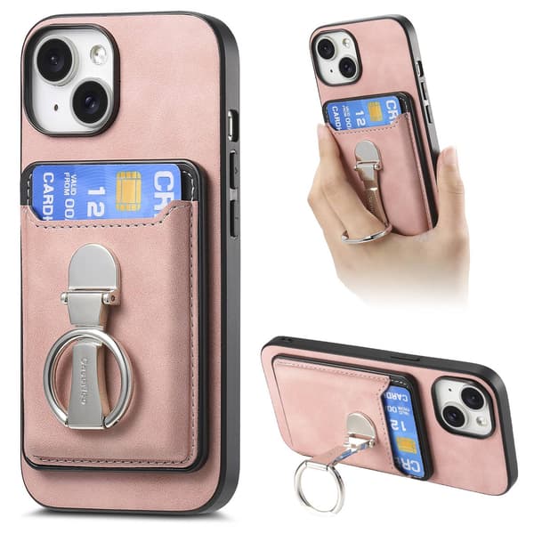 Etui for iPhone 15 Pro Max rosa hudfølelse magnetisk kortholder hover ring