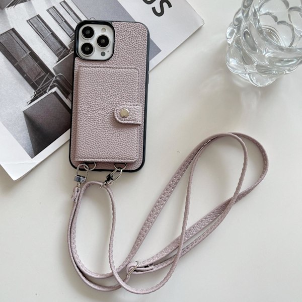 Fodral för iPhone 14 6.1 grå snodd crossbody solid korthållare vikbart japanskt läder