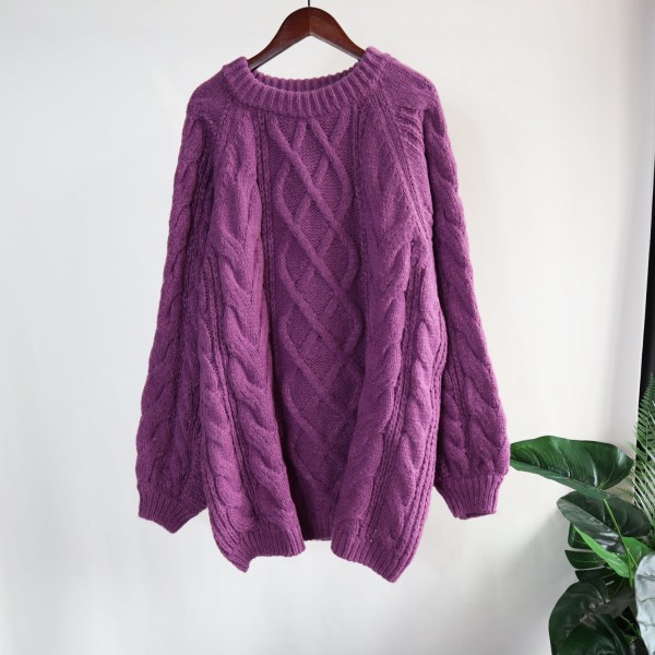 Kvinder strik efterår vinter sweater fortykket kraftig kabel-strik trøje løs retro stil top Purple 68*120cm