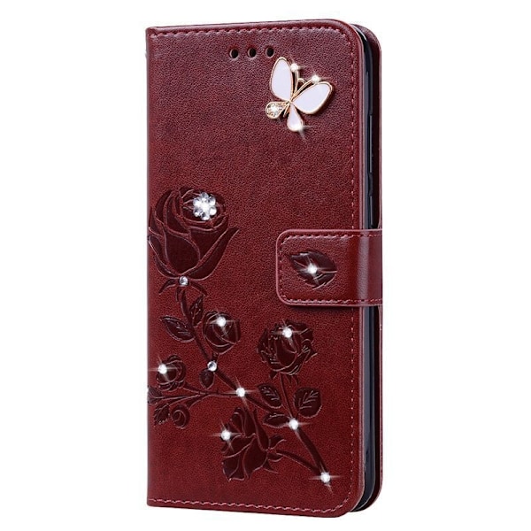 Fodral för iPhone 15 Plus brun präglad fjäril diamant kortplats ros läder prick