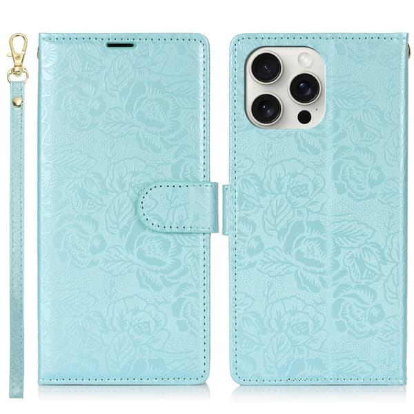 Etui til iPhone 15, blått preget kamelia-lær, preget retro blomstersnor, koreansk
