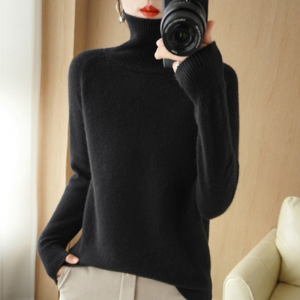 Damestrikk Høst Vinter Genser Koreansk Stil Tykket Turtleneck Raglan Bunnskjorte Løs Black XL