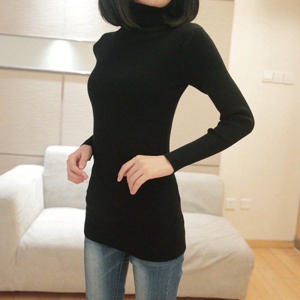 Kvinner strikkeplagg Høst Vinter Genser Koreansk Stil Høy krage Mellomlang Slim Base Black XL