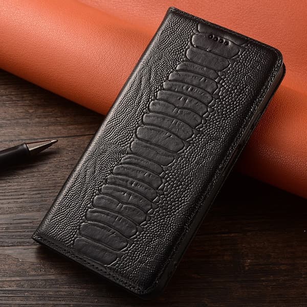 Fodral för iPhone15 Plus Strutsfot Svart Läder Flip