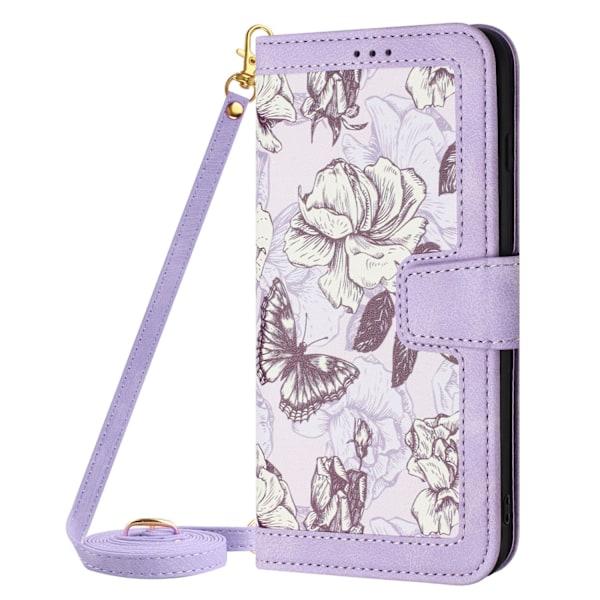 Kotelo iPhoneSE4 2024 -puhelimelle, vaaleanvioletti, pitkät ja lyhyet nauhat, painettu nahkainen läppäkorttipaikka, crossbody
