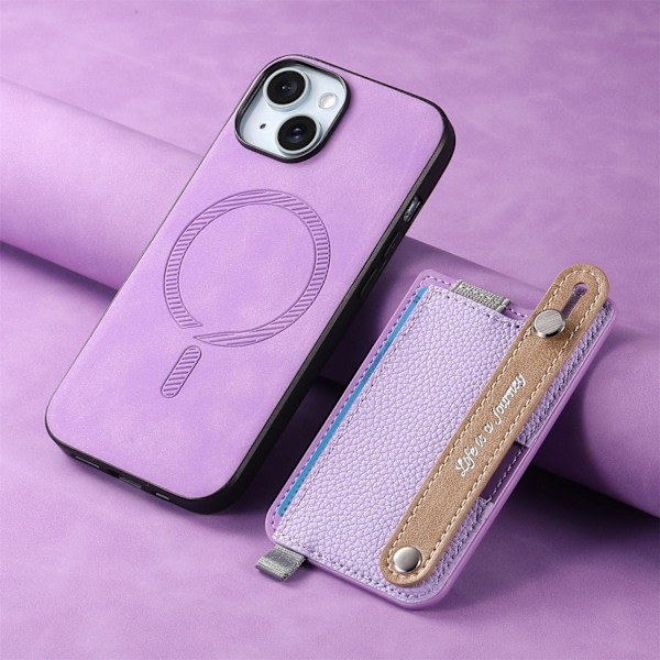 Kotelo iPhone 15 Pro Max -puhelimelle, violetti magneettinen korttipidike ja lompakko