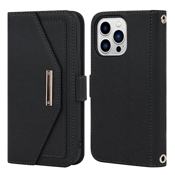 Kotelo iPhone 15 Plus -puhelimelle, musta, ve-ristikuvioinen lompakkonahka